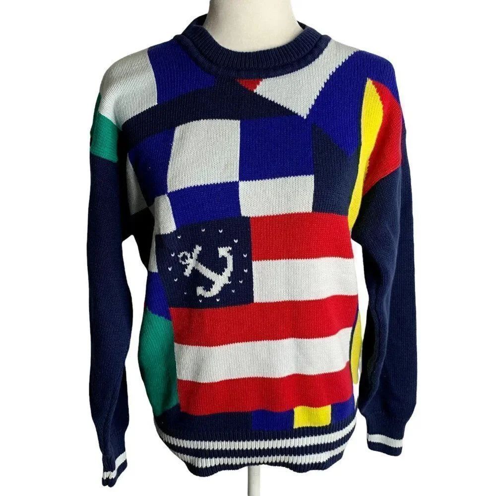 Vintage 80s Van Heusen Pullover Sweater M Blue Nautical Flags Crewneck